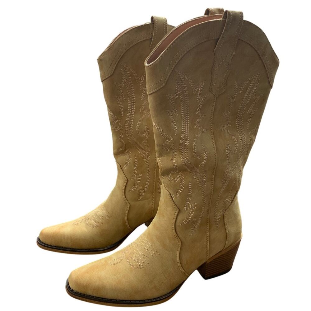 IUV Womens 9.5 Tan Faux Leather 2.25" Block Heel Mid Calf Pull On Cowboy Boots